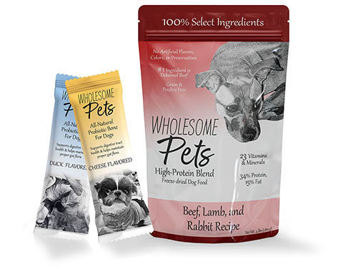pet food packing with drawings of dogs on them